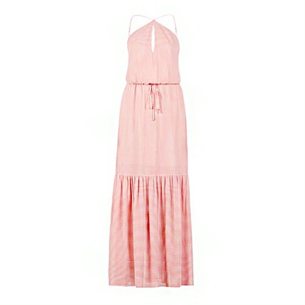 BCBG Red/White Analeigh Striped Spaghetti Halter Tiered Hem Casual Maxi Dress